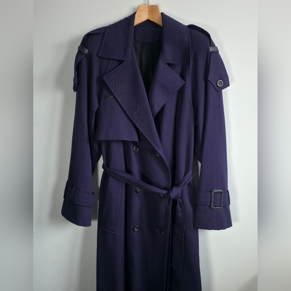 HOLLY’S Saxonia 100% Virgin Wool Long Trench Coat Purple Belted Vintage England - Picture 4 of 14